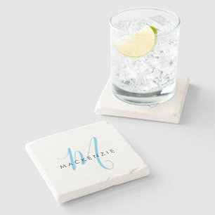 Dessous-de-verre En Pierre Élégant Moderne Ciel Blanc Bleu Monogramme Script