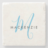 Dessous-de-verre En Pierre Élégant Moderne Ciel Blanc Bleu Monogramme Script (Devant)