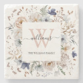 Dessous-de-verre En Pierre Elegant Monogram Pretty Beige Blue Flowers Floral (Devant)