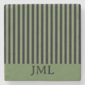 Dessous-de-verre En Pierre Élégant Monogramme à rayures noir et vert foncé (Devant)