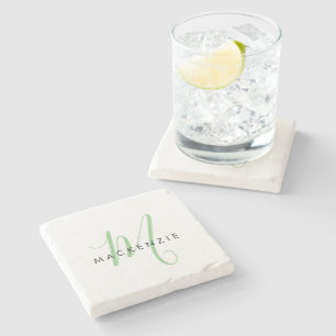 Dessous-de-verre En Pierre Élégant Monogramme moderne blanc vert Script