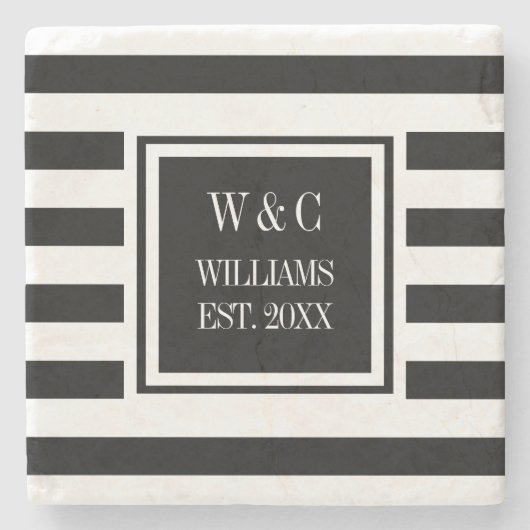 Dessous-de-verre En Pierre Élégant Monogramme noir blanc bande (Devant)