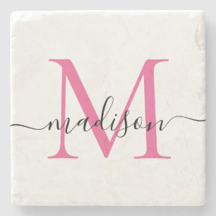 Dessous-de-verre En Pierre Élégant Monogramme personnalisé Script Magenta ros