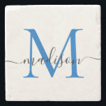 Dessous-de-verre En Pierre Élégant Monogramme Personnalisé Script Marine Bleu<br><div class="desc">Elégant Personnalisé Marine Bleu Monogramme Nom du script Dessous de verre en pierre élégant</div>