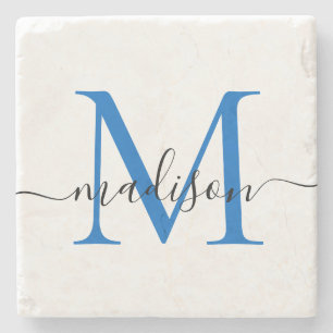 Dessous-de-verre En Pierre Élégant Monogramme Personnalisé Script Marine Bleu