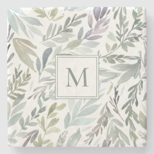 Dessous-de-verre En Pierre Élégant Monogramme Vert Bleu Botanique Aquarelle
