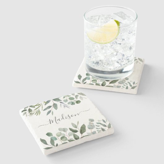 Dessous-de-verre En Pierre Élégant Monogramme Vert Eucalyptus Feuilles tropic (Côté)