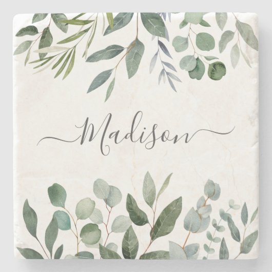 Dessous-de-verre En Pierre Élégant Monogramme Vert Eucalyptus Feuilles tropic (Devant)