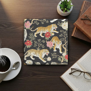Dessous-de-verre En Pierre Élégant motif de chinoiserie noir avec tigre et pi