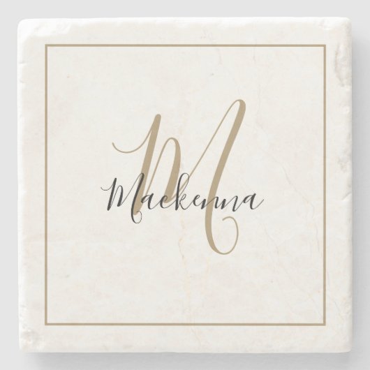 Dessous-de-verre En Pierre Élégant Noir Monogramme Nom Élégant Script (Devant)