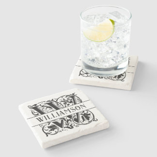 Dessous-de-verre En Pierre Élégant Noir Personnalisé Premier W Monogramme Nom