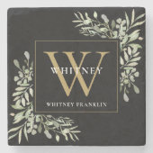 Dessous-de-verre En Pierre Elégant or noir Monogramme Aquarelle Verdure St. (Devant)