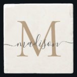 Dessous-de-verre En Pierre Élégant or noir Monogramme Feminine Nom du script<br><div class="desc">Élégant or noir Monogramme Feminine Script Nom Dessous de verre de pierre</div>