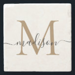 Dessous-de-verre En Pierre Élégant or noir Monogramme Feminine Nom du script<br><div class="desc">Élégant or noir Monogramme Feminine Script Nom Dessous de verre de pierre</div>