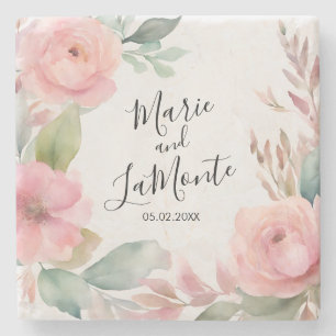 Dessous-de-verre En Pierre Élégant rose pastel Aquarelle Mariage floral