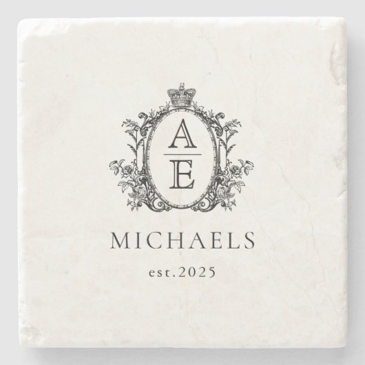 Dessous-de-verre En Pierre Élégant, Royal Crest Monogramme noir et blanc (Devant)
