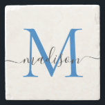 Dessous-de-verre En Pierre Élégant script monographique personnalisé Navy Blu<br><div class="desc">Élégante Marine Personnalisée Monogramme bleu Nom du script Dessous de verre élégant en pierre</div>