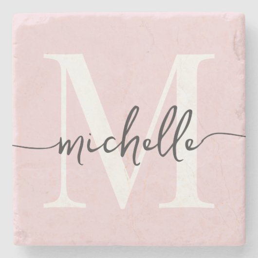 Dessous-de-verre En Pierre Élégant Style Rose Pâle Monogramme Nom Script (Devant)