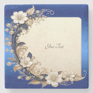 Dessous-de-verre En Pierre Embellissement floral bleu blanc sur dessous de ve
