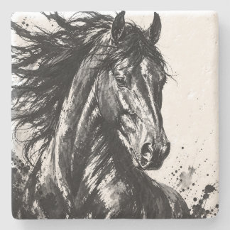 Dessous-de-verre En Pierre Esprit Sauvage à l'Encre | Art de Cheval Noir et B