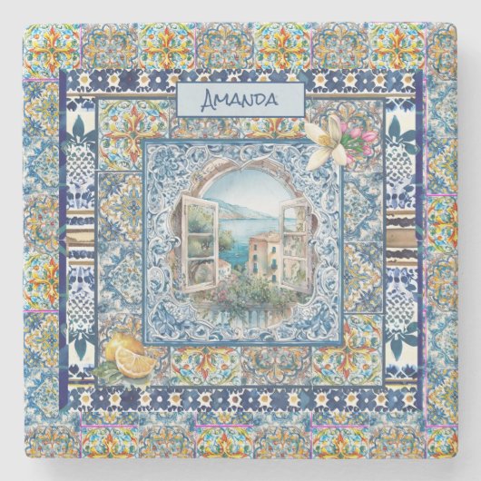 Dessous-de-verre En Pierre été italie carreaux bleu floral citrus monogramme (Devant)