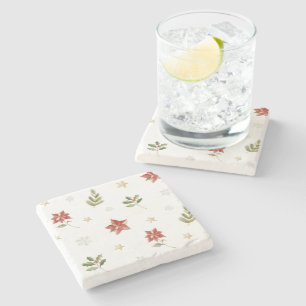 Dessous-de-verre En Pierre Étoiles Dorées Flocons de Neige Rouge Crème Noël