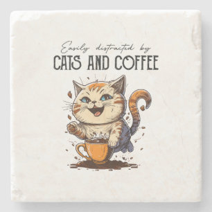 Dessous-de-verre En Pierre Facilement Distrait Par Les Chats Et Le Café Amour