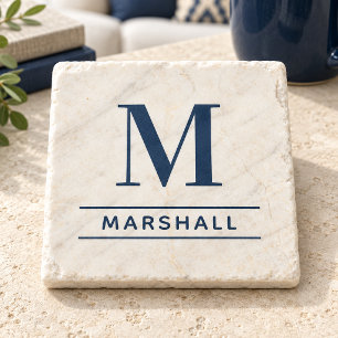 Dessous-de-verre En Pierre Famille Nom Monogramme Serif Navy Classique