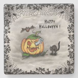 Dessous-de-verre En Pierre Fantôme, Chat, Chat et Citrouille, Bonne Halloween
