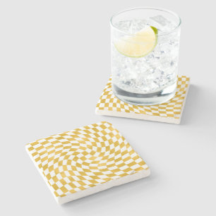 Dessous-de-verre En Pierre Faux Retro Chèques à huile d'or Warped Checkerboar