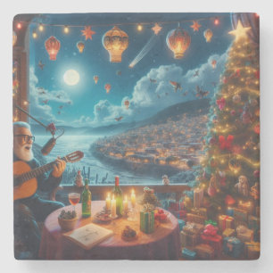 Dessous-de-verre En Pierre Feliz Navidad Joueur guitare festive Ville côtière