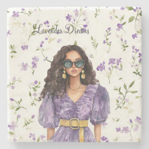 Dessous-de-verre En Pierre Femme Cheveux Bruns Robe Lavande Rêves Floral