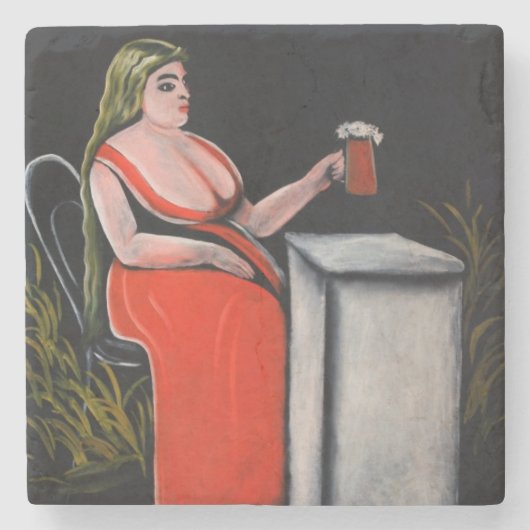 Dessous-de-verre En Pierre Femme courbée avec une tasse de bière (Devant)