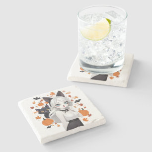 Dessous-de-verre En Pierre Femme d'Anime avec chat noir.