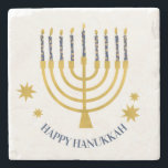 Dessous-de-verre En Pierre Festive Menorah bougies Bonne Hanoukka<br><div class="desc">Faux bougies menorah en feuille d'or pour votre fête Hanoukka. Illustration de la menorah lunaire avec des étoiles blanches recouvertes de bougies célestes sur un socle de bougies menorah en faux or. Menorah starry Hanoukka illustrés cadeaux de conception et produits en papier.</div>