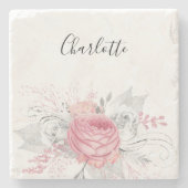 Dessous-de-verre En Pierre Feuillage rose floral argenté nom blanc élégant (Devant)