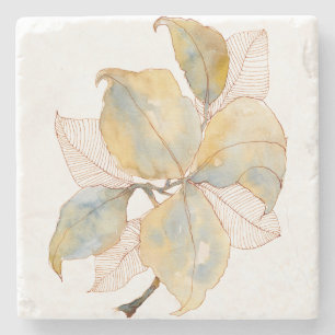 Dessous-de-verre En Pierre Feuilles botaniques aquarelles bleu or mat