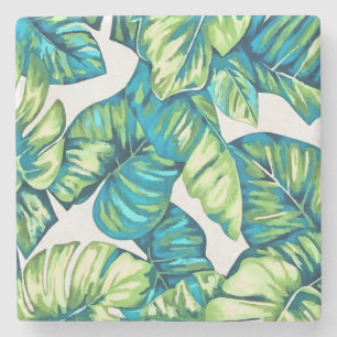 Dessous-de-verre En Pierre Feuilles de Monstera Tropical et Banana Blue Green