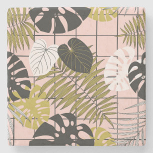 Dessous-de-verre En Pierre Feuilles tropicaux, fleurs, motif peint à la main.