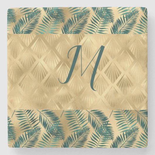 Dessous-de-verre En Pierre Feuilles vert et or (Devant)