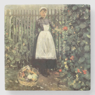 Dessous-de-verre En Pierre Fille avec un panier de légumes dans un jardin