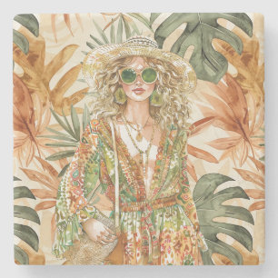 Dessous-de-verre En Pierre Fille Blonde des Années Soixante-dix Feuilles Vert