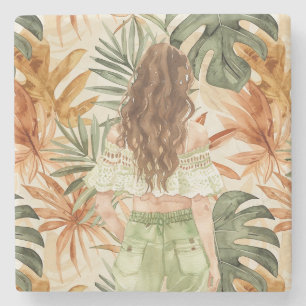 Dessous-de-verre En Pierre Fille Cheveux Bruns Années Soixante-Dix Feuilles V