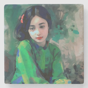 Dessous-de-verre En Pierre Fille en robe verte