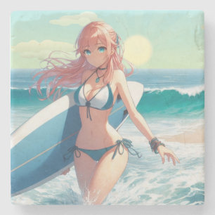 Dessous-de-verre En Pierre Fille surfeuse d'anime côtier/nautique/tropical