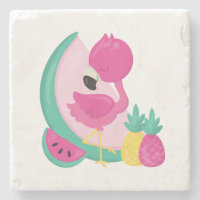 Flamant rose rose avec pastèque et ananas