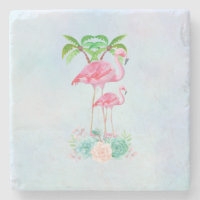 Flamant rose rose Momma & bébé avec palmiers