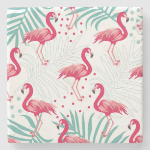 Dessous-de-verre En Pierre Flamingo tropical et feuille, motif d'été.