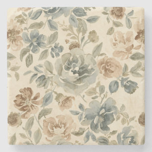 Dessous-de-verre En Pierre Fleur aquarelle beige, bleu antique, brun et vert