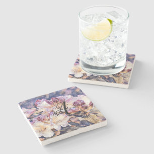 Dessous-de-verre En Pierre Fleur d'azalée violette aquarelle monogramme